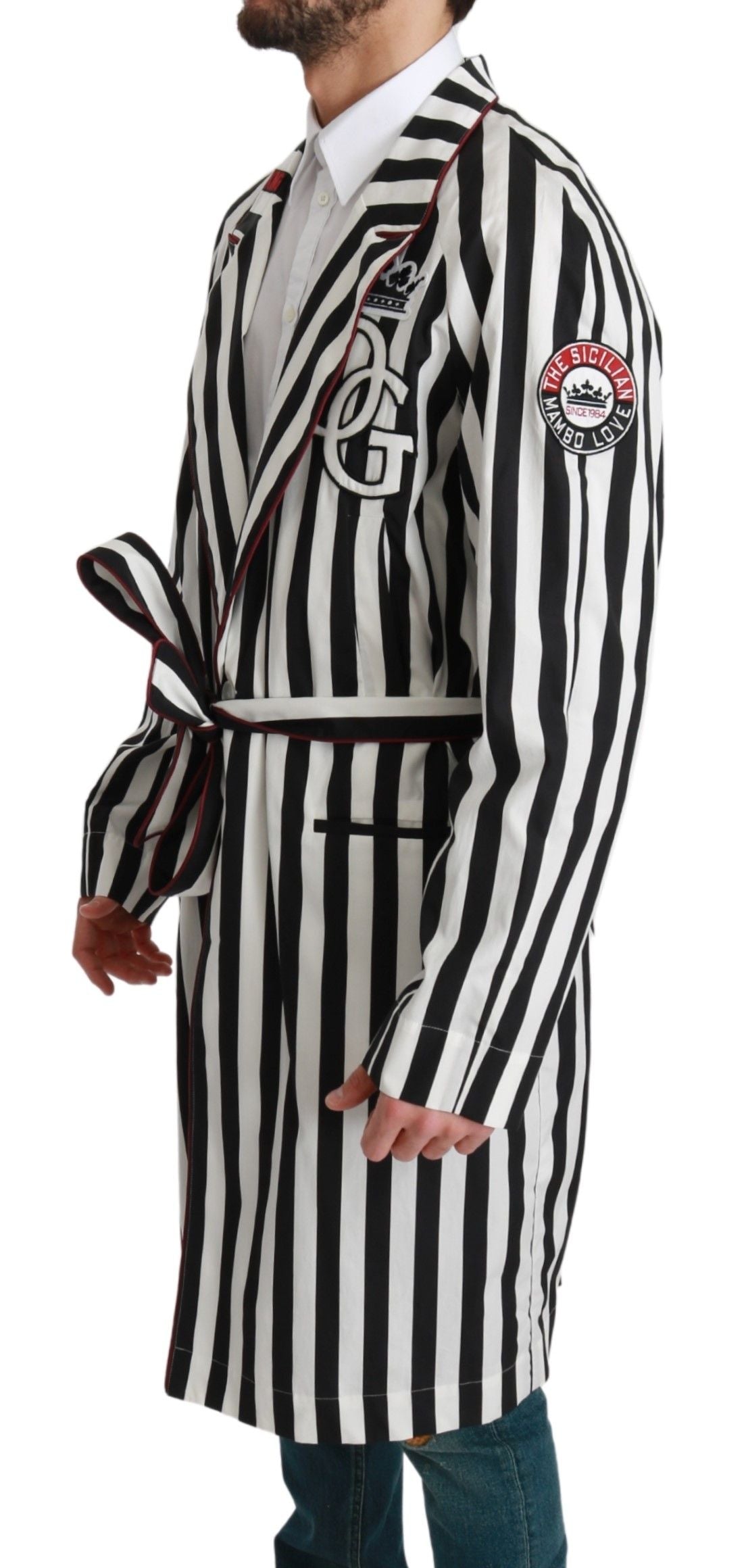 Dolce & Gabbana Black Coat Nightgown White Cotton Robe