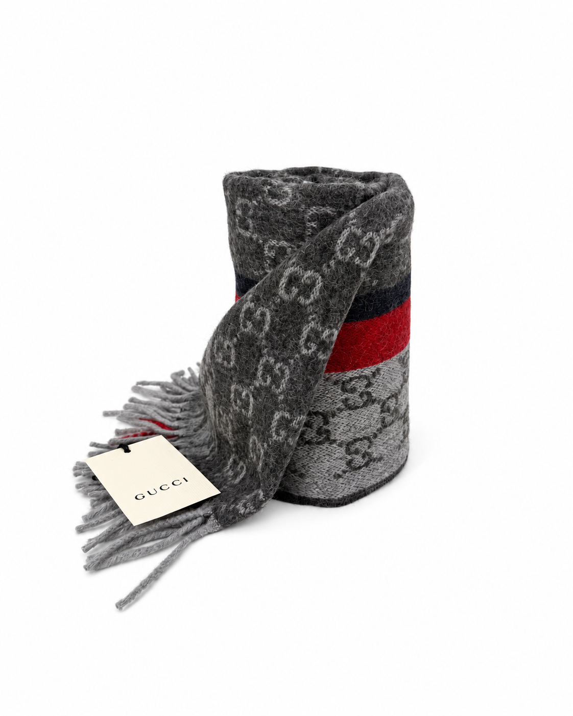 Gucci Monogram Grey Cashmere & Wool Scarf with Red & Black Stripe