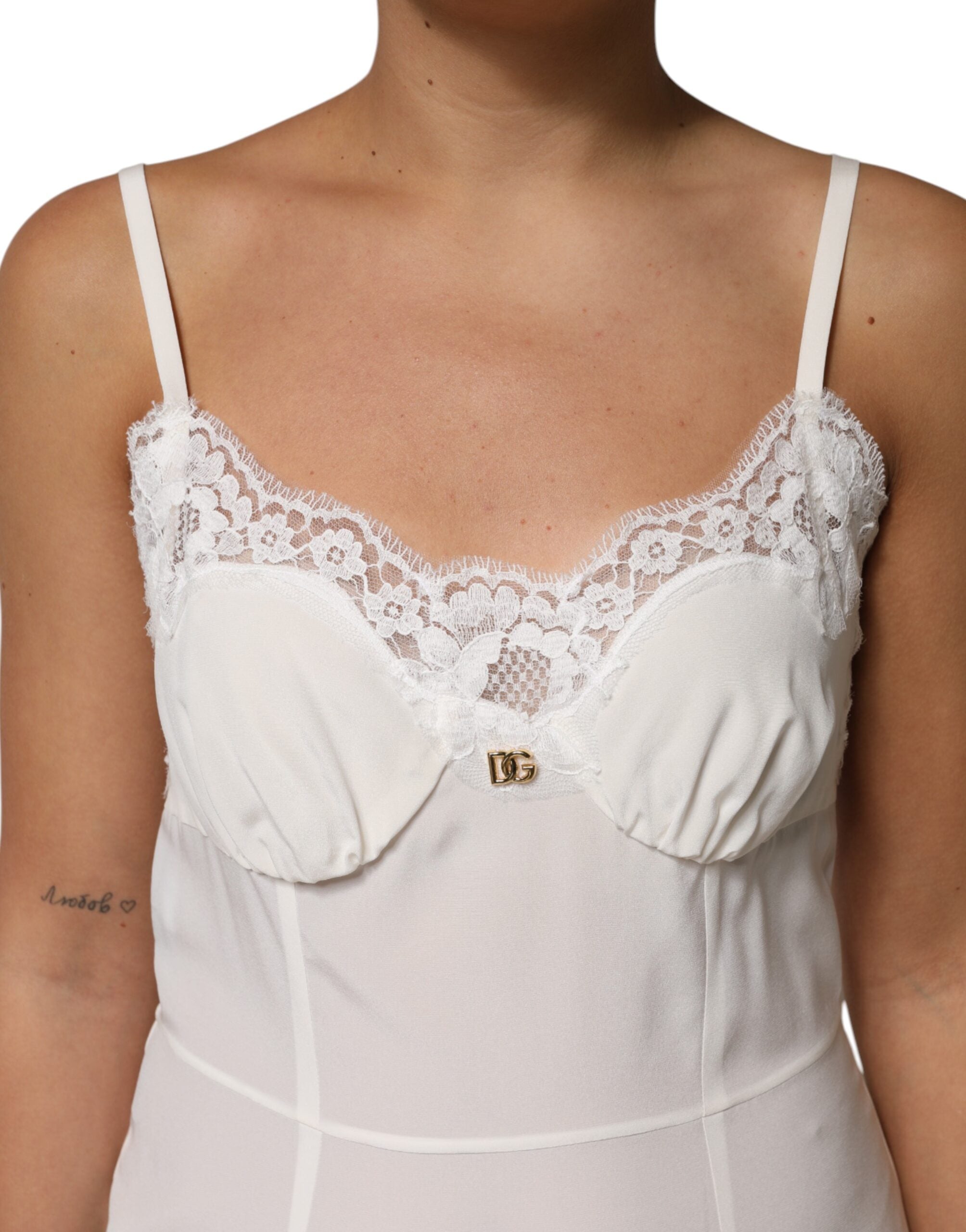Dolce & Gabbana White Lace Gold DG Logo Silk Dress Sleepwear