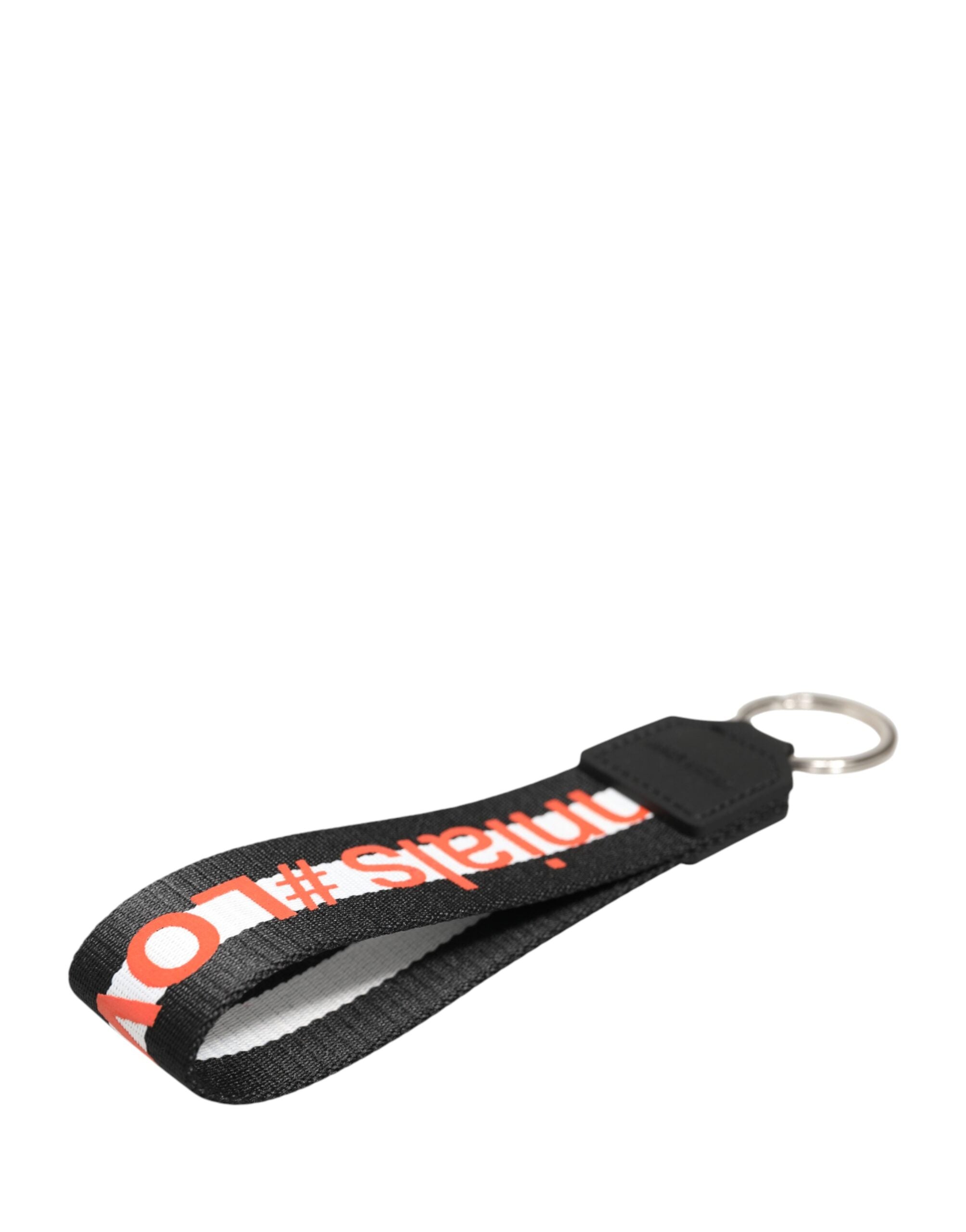 Dolce & Gabbana Black Logo Polyester Silver Brass Holder Keychain Keyring